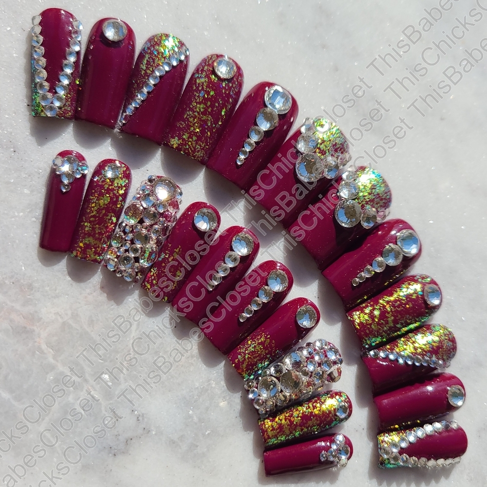 ❤️HANDMADE Wine Créme / Yellow-Green Flakies / Bling Med Square Press On Nails